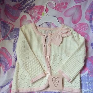 Cream and Pink Knit Cardigan with Bow
